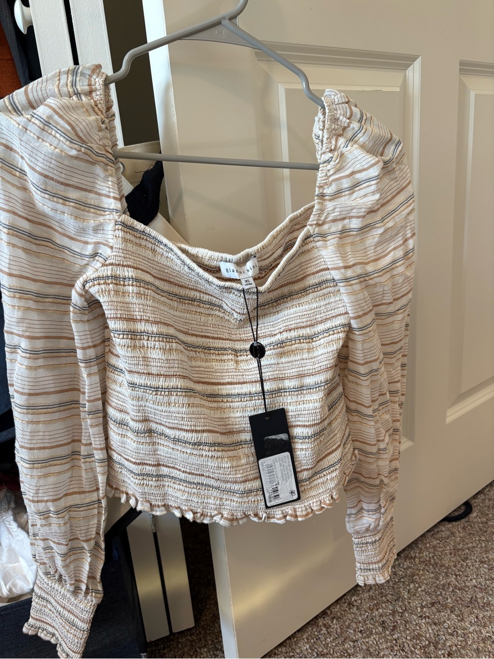 Gianni bini Striped Smocked Long-Sleeve Top in Cream and Tan